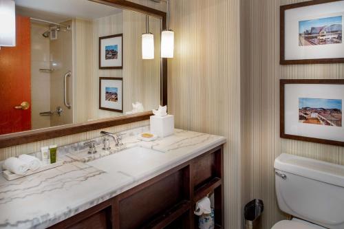 a bathroom with a sink and a toilet and a mirror at Hilton St. Louis Airport in Woodson Terrace