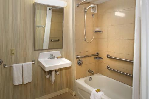 a bathroom with a sink and a bath tub at Hilton St. Louis Airport in Woodson Terrace