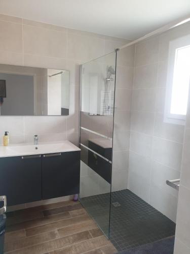 une salle de bain avec un lavabo et une douche en verre dans l'établissement Chambre villa florecita, à Labenne