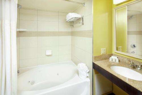 a bathroom with a tub and a sink at Hilton Garden Inn Tampa East Brandon in Tampa