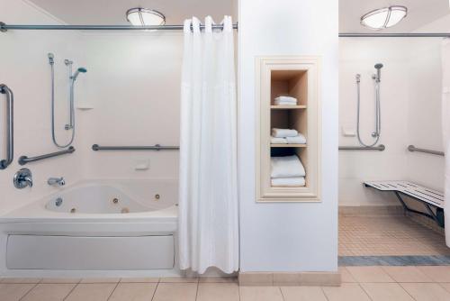 een badkamer met een bad en een douchegordijn bij Hilton Garden Inn Tampa Riverview Brandon in Brandon