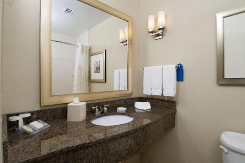 uma casa de banho com um lavatório e um espelho em Hilton Garden Inn Mount Holly/Westampton em Westampton Township