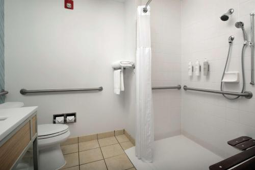 ein weißes Bad mit einer Dusche und einem WC in der Unterkunft Hilton Garden Inn Knoxville West/Cedar Bluff in Knoxville