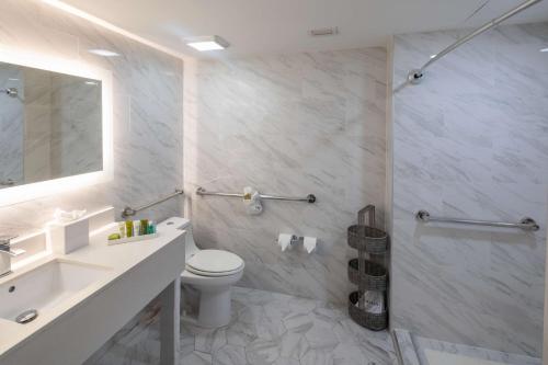 a bathroom with a toilet and a sink and a shower at Hilton Saint Augustine Historic Bayfront in Saint Augustine