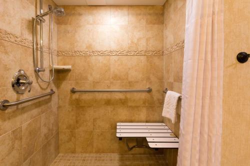 a bathroom with a shower with a bench in it at DoubleTree by Hilton St. Augustine Historic District in St. Augustine