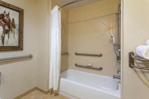 a bathroom with a bath tub and a shower curtain at Hampton Inn & Suites Wellington in Wellington