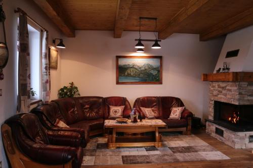 a living room with leather furniture and a fireplace at Pinus Cembra in Stará Lesná