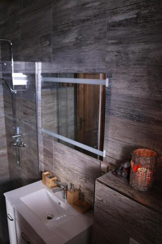 a bathroom with a sink and a mirror at Pinus Cembra in Stará Lesná