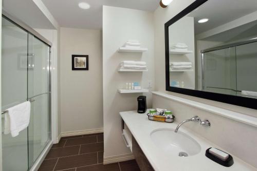 a bathroom with a sink and a shower and a mirror at Hampton Inn Richland/South Jackson in Richland