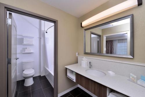 Hampton Inn Broussard-Lafayette في Broussard: حمام مع حوض ومرحاض ومرآة