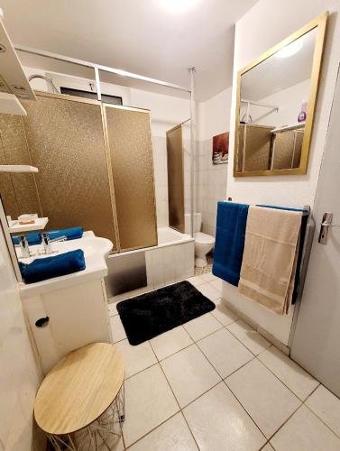 uma casa de banho com um lavatório, um WC e um espelho. em Appartements T2 em Tarbes