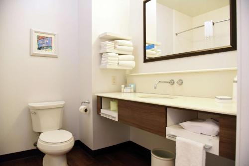 a bathroom with a toilet and a sink and a mirror at Hampton Inn Kalamazoo in Kalamazoo