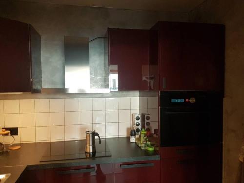 a kitchen with red cabinets and a black refrigerator at Ferienwohnung `Ton Utkiek` in Bremerhaven