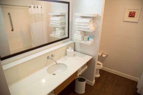 a bathroom with a sink and a mirror and towels at Hampton Inn and Suites by Hilton McKinney in McKinney
