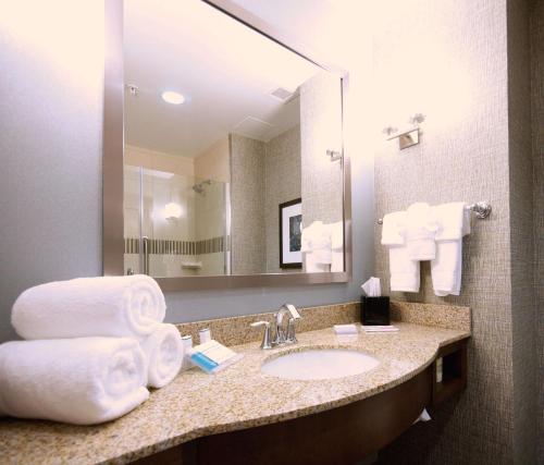 a bathroom with a sink and a mirror and towels at Hilton Garden Inn Hickory in Hickory
