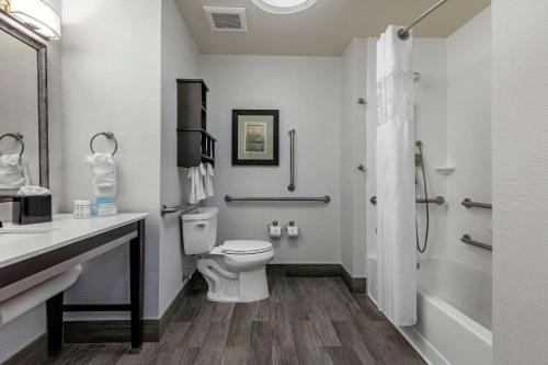 a bathroom with a toilet and a sink and a shower at Hampton Inn and Suites Columbus, MS in Columbus