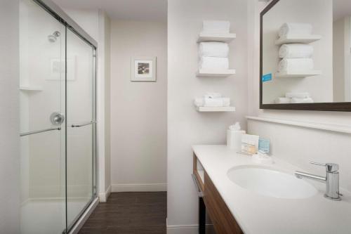 a bathroom with a sink and a shower and a mirror at Hampton Inn & Suites Phoenix/Tempe in Tempe