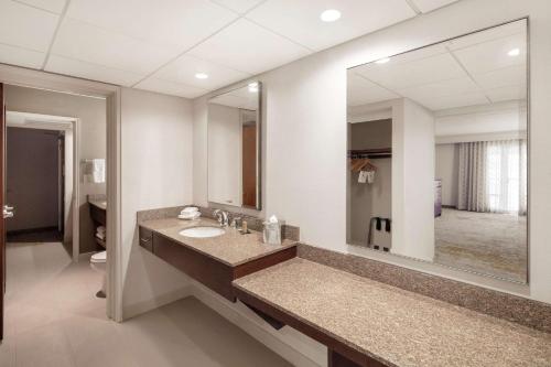 La salle de bains est pourvue d'un lavabo et d'un grand miroir. dans l'établissement DoubleTree by Hilton Ontario Airport, à Ontario