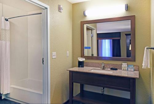 a bathroom with a sink and a shower and a mirror at Hampton Inn & Suites Milwaukee/Franklin in Franklin