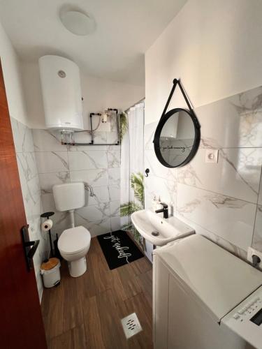 bagno con servizi igienici, lavandino e specchio di Perfekte Lage! Ganze Wohnung Burgblick Residenz a Sankt Veit an der Glan