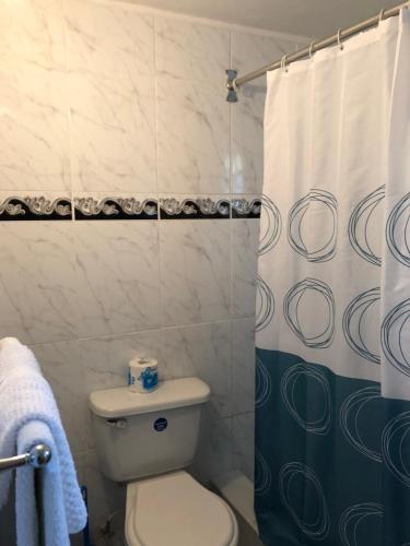 a bathroom with a toilet and a shower curtain at GoldenView Guesthouse Ocho Rios in Ocho Rios