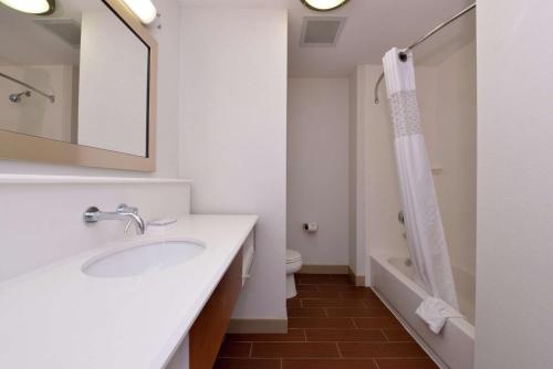 a bathroom with a sink and a toilet and a mirror at Hampton Inn & Suites by Hilton Lonoke in Lonoke