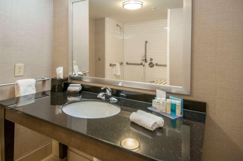 a bathroom with a sink and a large mirror at Hampton Inn Hernando, MS in Hernando