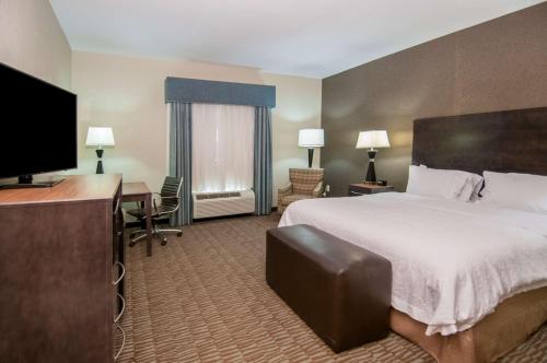赫南多的住宿－密西西比赫爾南多漢普頓酒店，酒店客房配有一张床、一张书桌和一台电视。