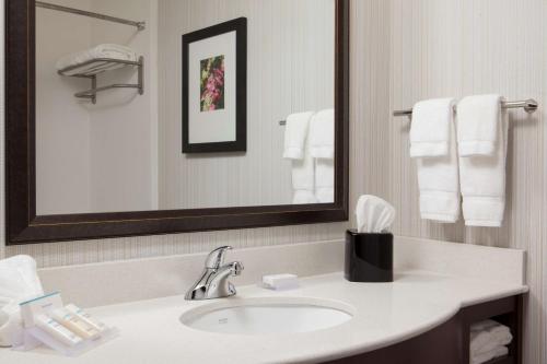 a bathroom with a sink and a mirror and towels at Hilton Garden Inn Bettendorf/ Quad Cities in Bettendorf