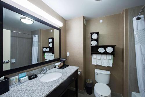 a bathroom with a toilet and a sink and a mirror at Hampton Inn Saskatoon South in Saskatoon