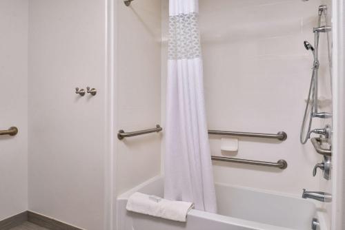 uma casa de banho com chuveiro e cortina de chuveiro em Hampton Inn and Suites Hutto em Hutto