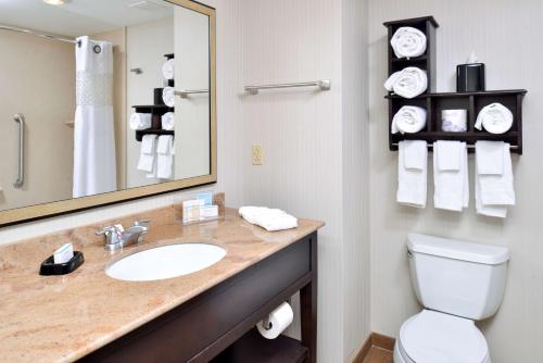 a bathroom with a sink and a toilet and a mirror at Hampton Inn & Suites California University-Pittsburgh in Coal Center