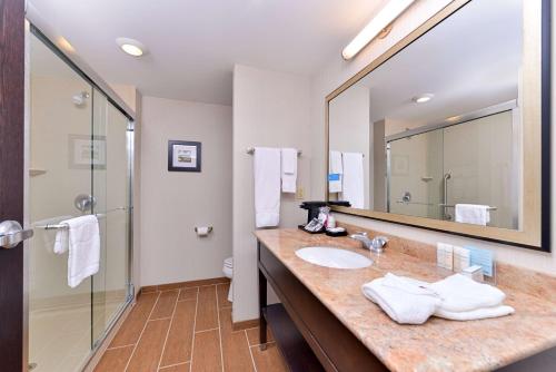 baño con lavabo y espejo grande en Hampton Inn & Suites California University-Pittsburgh en Coal Center