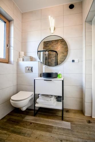 a bathroom with a toilet and a mirror at Domki za rondem in Ratułów