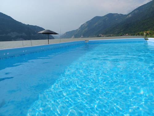 a large swimming pool with an umbrella in the water at VILA SARA in Vârtopu