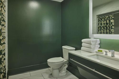 a green bathroom with a toilet and a sink at The Partridge Inn Augusta, Curio Collection by Hilton in Augusta