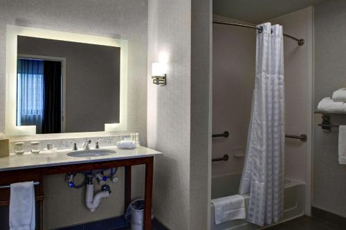 a bathroom with a shower and a sink and a mirror at Homewood Suites by Hilton Richmond-Downtown in Richmond