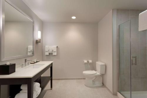 a bathroom with a toilet and a sink and a shower at Embassy Suites by Hilton Kansas City Olathe in Olathe