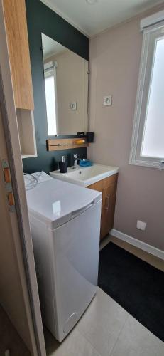 une salle de bain avec un lavabo, des toilettes et un miroir dans l'établissement Mobilhome 6P Camping la Carabasse Vias, à Vias