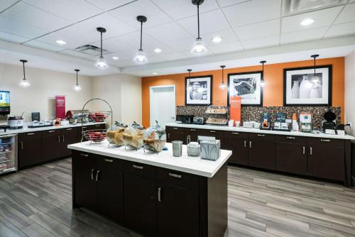 Hampton Inn & Suites San Antonio Brooks City Base, TX في سان انطونيو: مطبخ مع كونتر عليه طعام