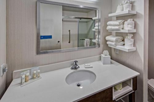 a bathroom with a sink and a mirror and towels at Hampton Inn Summerville SC in Summerville