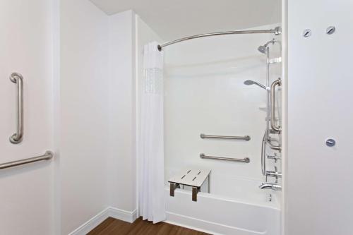 a bathroom with a shower with a bench in it at Hampton Inn Sault Ste Marie, MI in Sault Ste. Marie