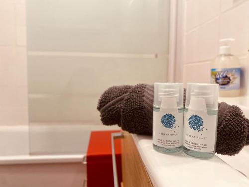 deux bouteilles d'hydratants disposées sur un comptoir dans l'établissement Le refuge des voyageurs-255, à Rouen