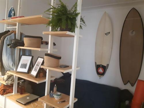 um quarto com prateleiras com uma prancha de surf na parede em Paris: Appartement Batignolles em Paris