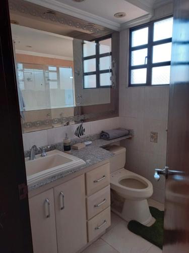 ein Badezimmer mit einem Waschbecken, einem WC und einem Spiegel in der Unterkunft Gran habitación/jacuzzi/nor-occidente in Bogotá
