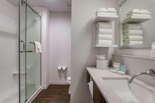 a white bathroom with a sink and a shower at Hampton Inn & Suites Dallas-Central Expy/North Park Area in Dallas