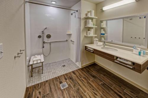 ein Bad mit einer Dusche, einem Waschbecken und einem Spiegel in der Unterkunft Hampton Inn & Suites By Hilton Nashville Hendersonville Tn in Hendersonville