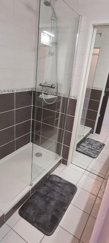 La salle de bains est pourvue d'une douche et d'un tapis noir. dans l'établissement Charmant Studio climatisé Vue mer à 100m plage du Môle, au Cap d'Agde