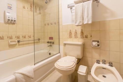 uma casa de banho com um WC, um chuveiro e um lavatório. em El Rey Palace Hotel em La Paz