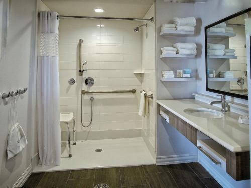 a bathroom with a shower and a sink at Hampton Inn & Suites-Moore in Moore